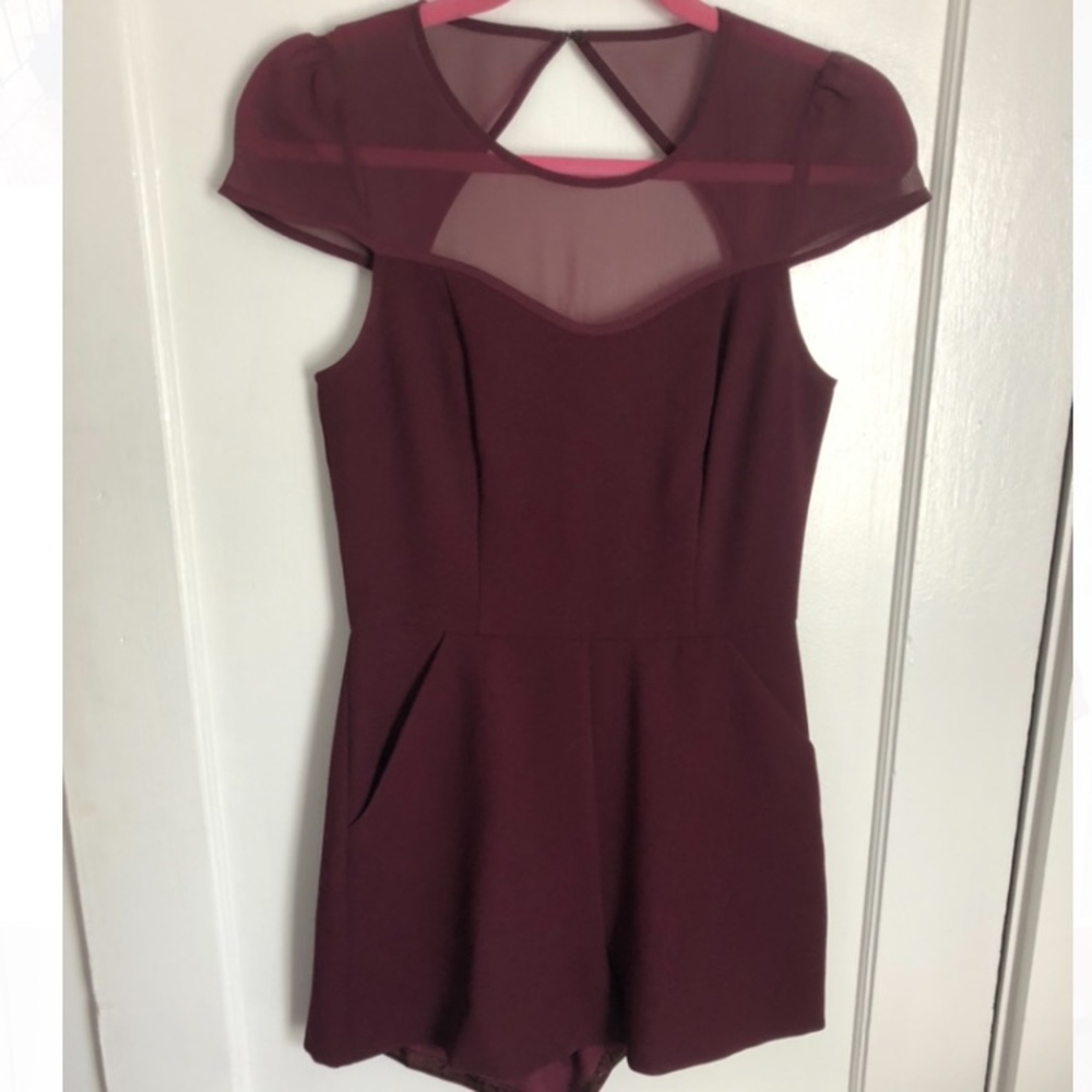 BCBGeneration Maroon romper with sheer shoulders